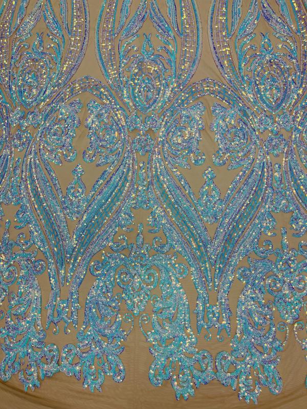 Big Damask Sequins Fabric - Aqua Iridescent Nude - 4 Way Stretch Damask Sequins Design Fabric By Yard