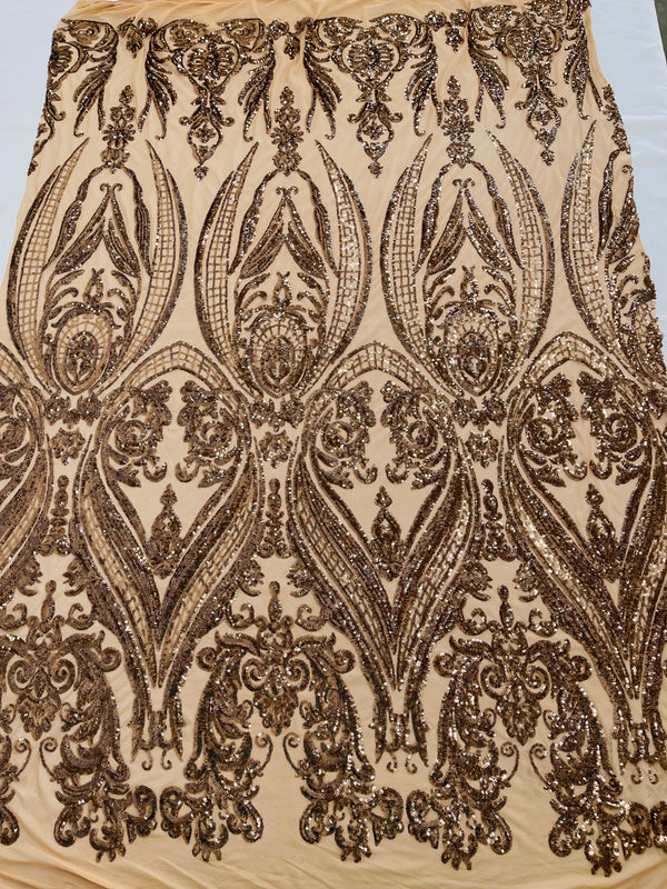 Big Damask Sequins Fabric - Mocha - 4 Way Stretch Damask Sequins Design Fabric By Yard