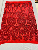 Big Damask Sequins Fabric - Red - 4 Way Stretch Damask Sequins Design Fabric By Yard