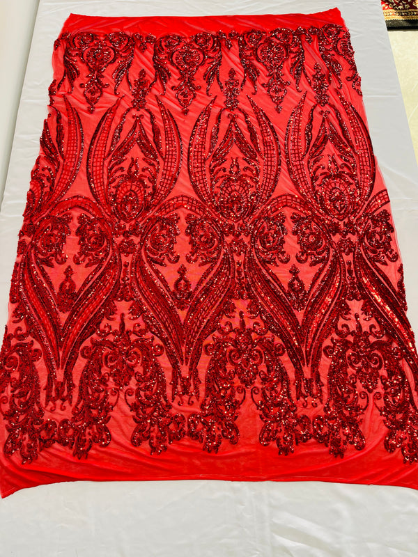 Big Damask Sequins Fabric - Red - 4 Way Stretch Damask Sequins Design Fabric By Yard