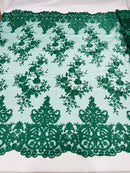 Damask Lace - Hunter Green - Floral Damask Design Embroidered on Mesh Lace Fabric
