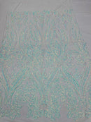 Big Damask Sequins Fabric - Iridescent Aqua/White - 4 Way Stretch Damask Sequins Design Fabric By Yard