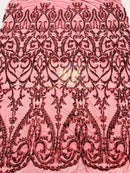 Damask Fabric - Matte Burgundy - Embroidered Sequin Fabric On 4 Way Stretch Mesh Fabric By The Yard