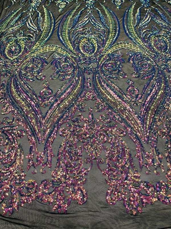 Big Damask Sequins Fabric - Rainbow - 4 Way Stretch Damask Sequins Design Fabric By Yard