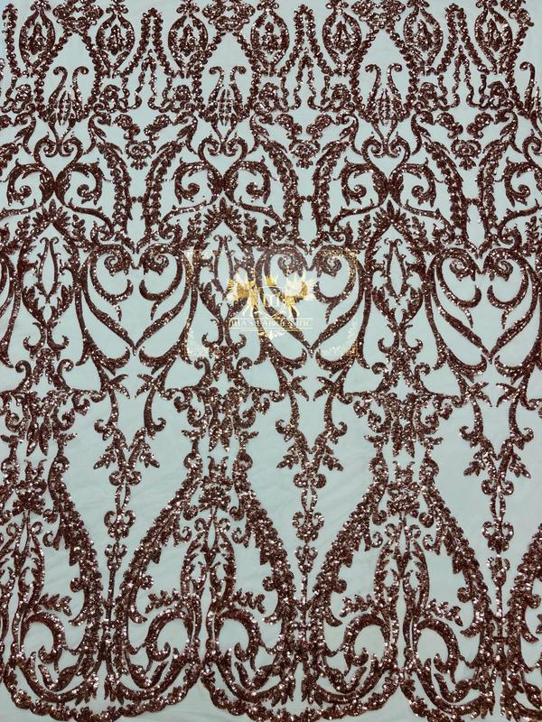 Damask Fabric - Blush - Embroidered Sequin Fabric On 4 Way Stretch Mesh Fabric By The Yard