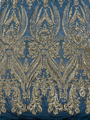 Big Damask Sequins Fabric - Gold - 4 Way Stretch Damask Sequins Design Fabric By Yard