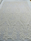 Big Damask Sequins Fabric - White - 4 Way Stretch Damask Sequins Design Fabric By Yard