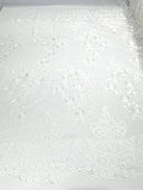 Damask Lace - White - Floral Damask Design Embroidered on Mesh Lace Fabric