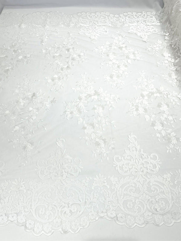 Damask Lace - White - Floral Damask Design Embroidered on Mesh Lace Fabric