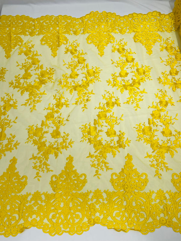 Damask Lace - Yellow - Floral Damask Design Embroidered on Mesh Lace Fabric
