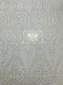 Damask Fabric - White - Embroidered Sequin Fabric On 4 Way Stretch Mesh Fabric By The Yard