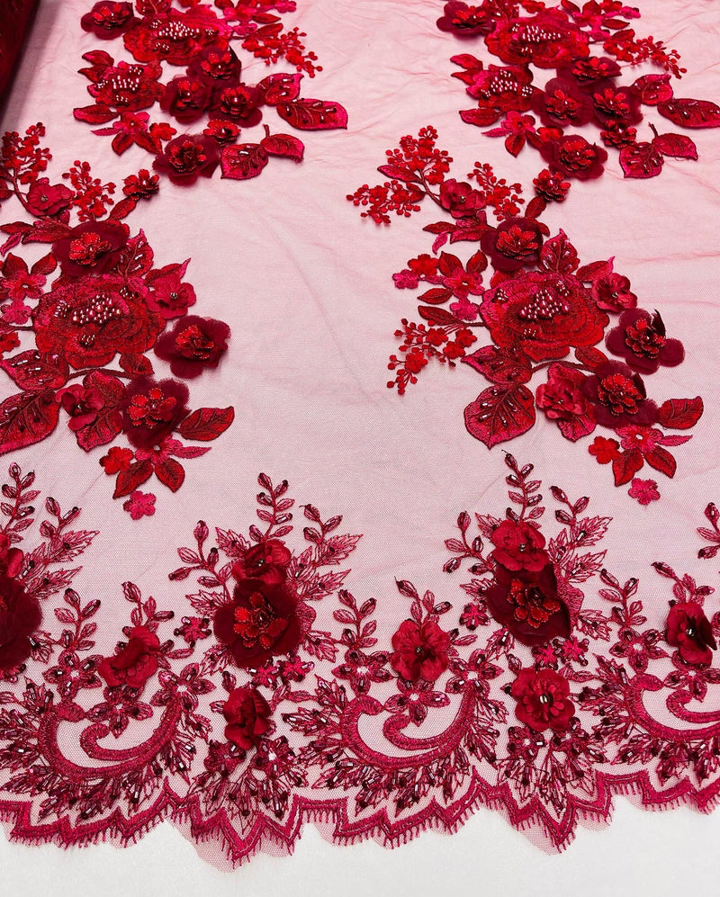 Burgundy Flower 3D Fabric - by the Yard - Embroided Fabric Flower Pearls and Beaded Fabric