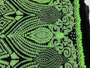 Neón Green Sequins Fabric On Black Mesh 4 Way Stretch Geometric Design By The Yard