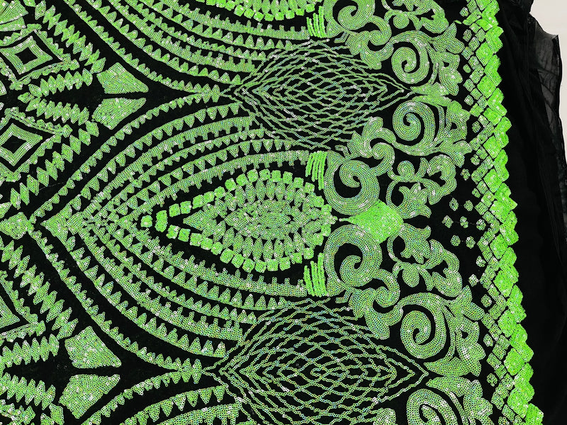 Neón Green Sequins Fabric On Black Mesh 4 Way Stretch Geometric Design By The Yard