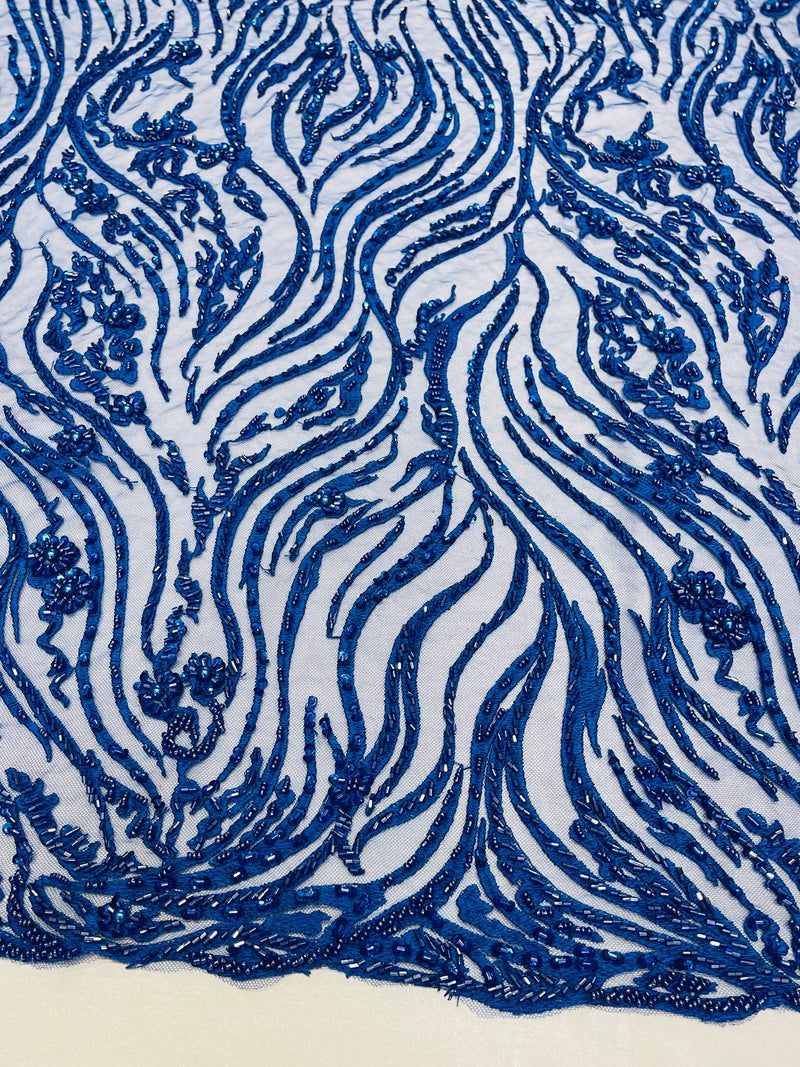 Royal Blue Beaded Fabric - by the yard - Fancy Embroidered Zebra Design with Beads on Mesh Fabric
