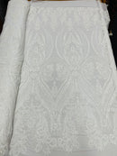 White Sequins Fabric, 4 Way Stretch Embroidery With Sequin On a Mesh By The Yard