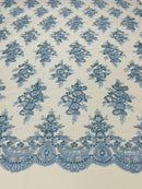 Baby Blue Floral Lace Fabric - by the yard - Corded Flower Embroidery Design With Sequins on a Mesh