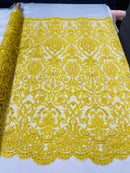 Yellow Bridal Lace Hand Beaded Embroidered Floral Fabric - by the yard - Wedding Beaded Fabric