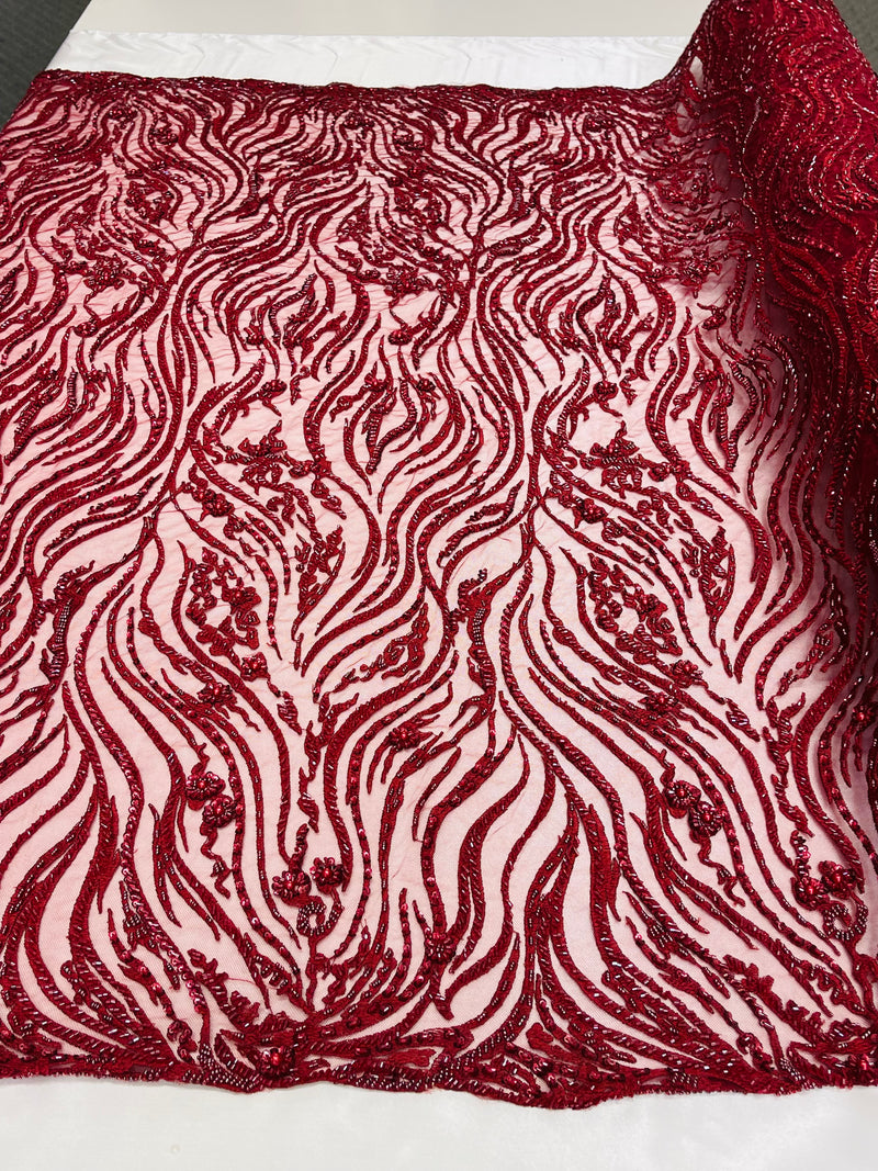 Burgundy Beaded Fabric - by the yard - Fancy Embroidered Zebra Design with Beads on Mesh Fabric