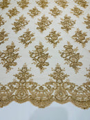 Metallic Gold/Skin Mesh Floral Lace Fabric by the yard Corded Flower Embroidery Design With Sequins