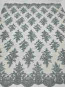 Metallic Silver Floral Lace Fabric by the yard Corded Flower Embroidery Design With Sequins on a Mesh