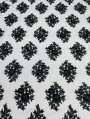 Floral Lace Fabric - Black - Flower Cluster Embroidery Design With Sequins on a Mesh
