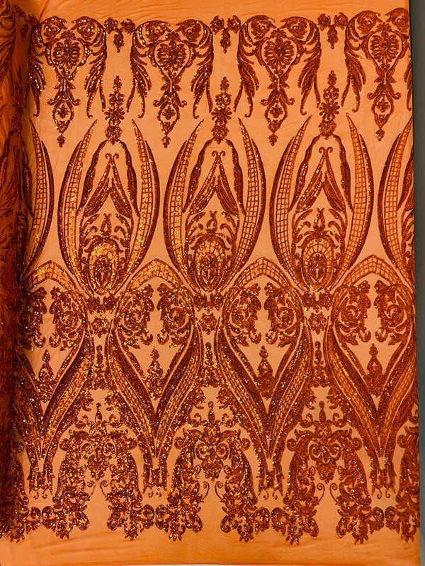 Big Damask Sequins Fabric - Burnt Orange - 4 Way Stretch Damask Sequins Design Fabric By Yard