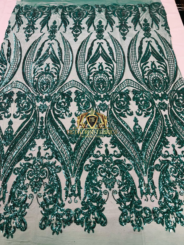 Big Damask Sequins Fabric - Teal Green  - 4 Way Stretch Damask Sequins Design Fabric By Yard