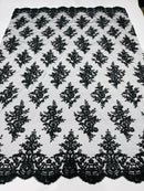 Black Floral Lace Fabric - by the yard - Corded Flower Embroidery Design With Sequins on a Mesh