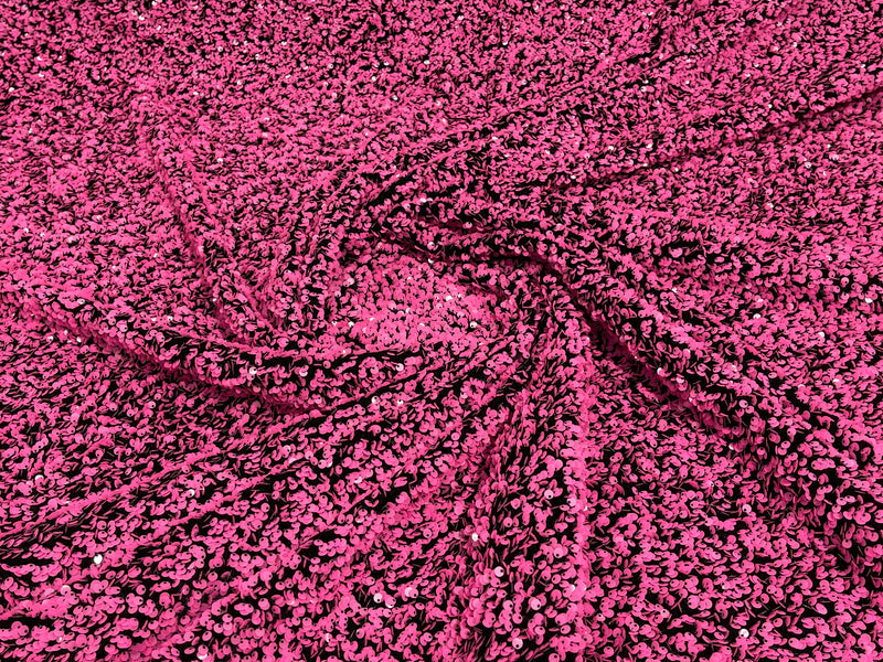 Neon Pink Sequin Fabric on Black Stretch Velvet - by the yard - Sequins 2 Way Stretch  58/60”