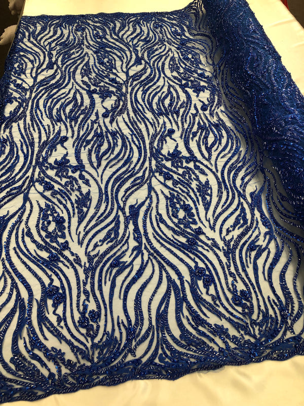 Beaded Lace Fabric - Royal Blue -  Embroidery on Mesh For Bridal Wedding Fancy Dress