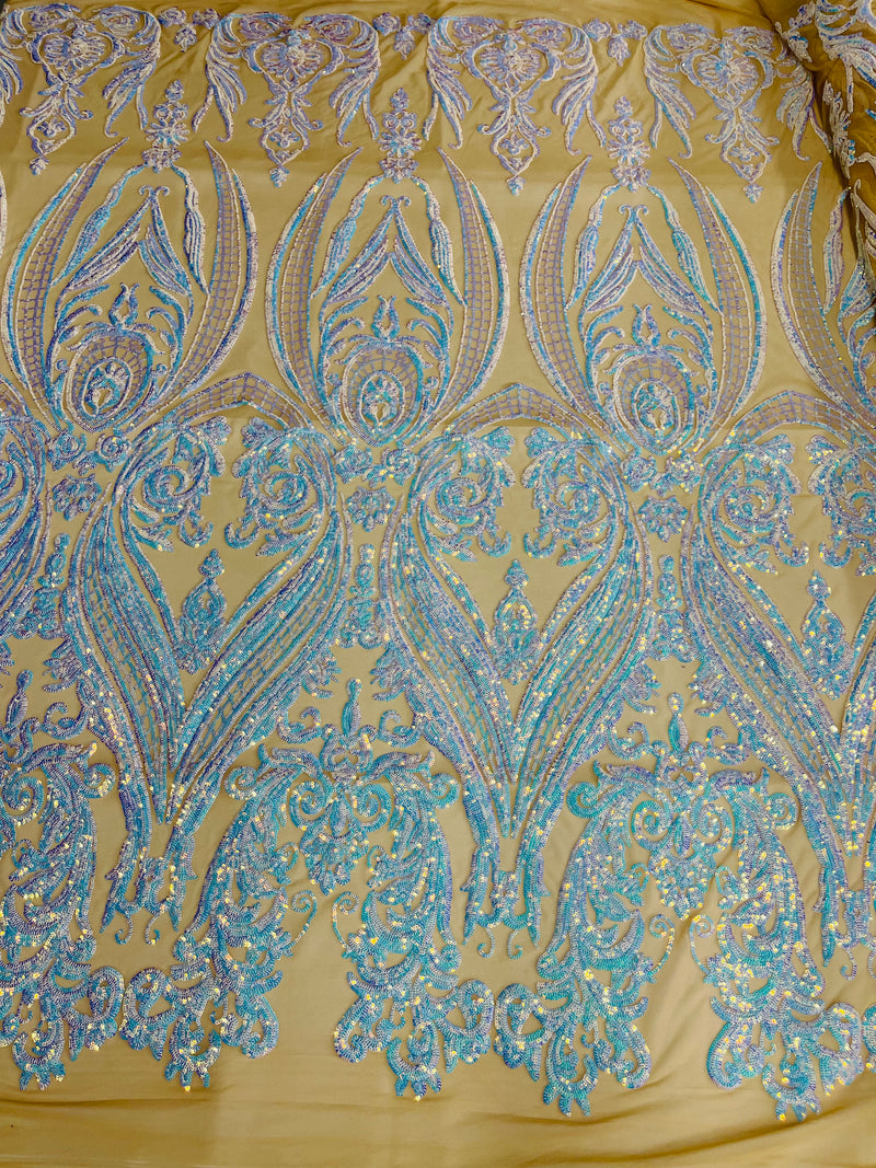 Big Damask Sequins Fabric - Aqua / Blue  - 4 Way Stretch Damask Sequins Design Fabric By Yard