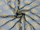 Floral Lace Fabric - Gold on Black Mesh - Flower Cluster Embroidery Design With Sequins on a Mesh