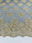 Floral Lace Fabric - Gold on Black Mesh - Flower Cluster Embroidery Design With Sequins on a Mesh