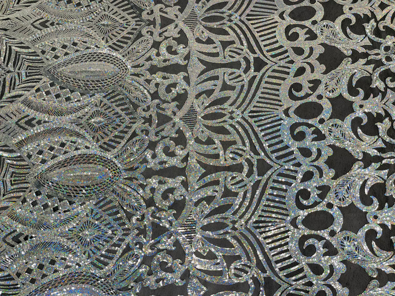 Silver Holographic Sequin - 4 Way Stretch Embroidered Royalty Sequins Design Fabric By Yard