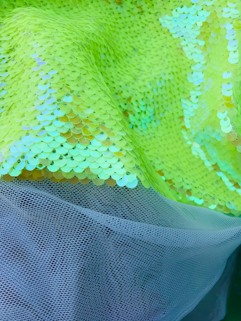 Iridescent Yellow/Mate Yellow Flip Up Sequins Reversible - Mermaid Sequins Spandex Fabric By Yard