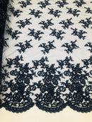 Navy blue Beaded - Embroidered Floral Design Fancy Sequins Fabric with Beads Sold By The Yard