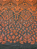 Orange Iridescent Sequins Fabric On Black Mesh 4 Way Stretch Geometric Design By The Yard