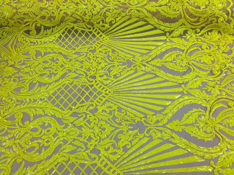4 Way Stretch Damask Design Yellow Sequins Fabric On NUDE Mesh By Yard