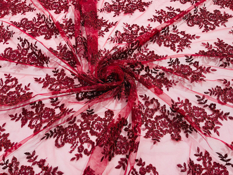 Burgundy Floral Lace Fabric by the yard Corded Flower Embroidery Design With Sequins on a Mesh