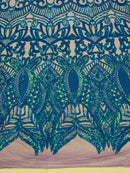 Iridescent Turquoise - 4 Way Stretch Embroidered Royalty Sequins Design Fabric By Yard