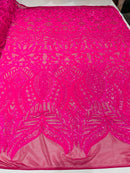 Hot Pink Iridescent Sequin - 4 Way Stretch Embroidered Royalty Sequins Design Fabric By Yard