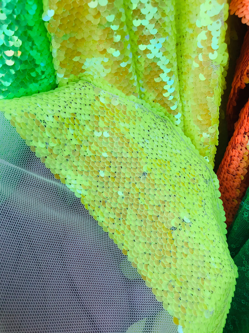 Iridescent Yellow/Mate Yellow Flip Up Sequins Reversible - Mermaid Sequins Spandex Fabric By Yard