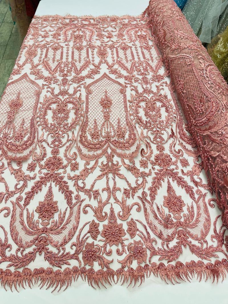 Dusty Rose Beaded Damask Fabric - by the yard - Embroidered with Beads and Sequins on Mesh Fabric
