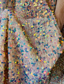 Clear iridescent Sequins Fabric on Lt Pink Stretch Velvet - 2 Way Stretch Velvet Sequins Fabric By Yard 58/60”