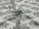 Silver Floral Lace Fabric by the yard Corded Flower Embroidery Design With Sequins on a Mesh