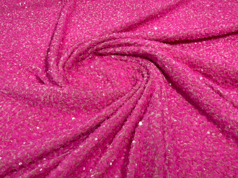 Hot Pink Sequin Fabric on Stretch Velvet - by the yard - Sequins 2 Way Stretch  58/60”