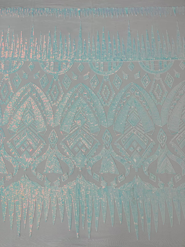 BLue/White Iridescent Sequin Fabric, by the yard - White Mesh 4 Way Stretch Aztec Design