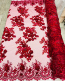 Burgundy Flower 3D Fabric - by the Yard - Embroided Fabric Flower Pearls and Beaded Fabric