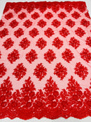 Floral Lace Fabric - Red - Flower Cluster Embroidery Design With Sequins on a Mesh